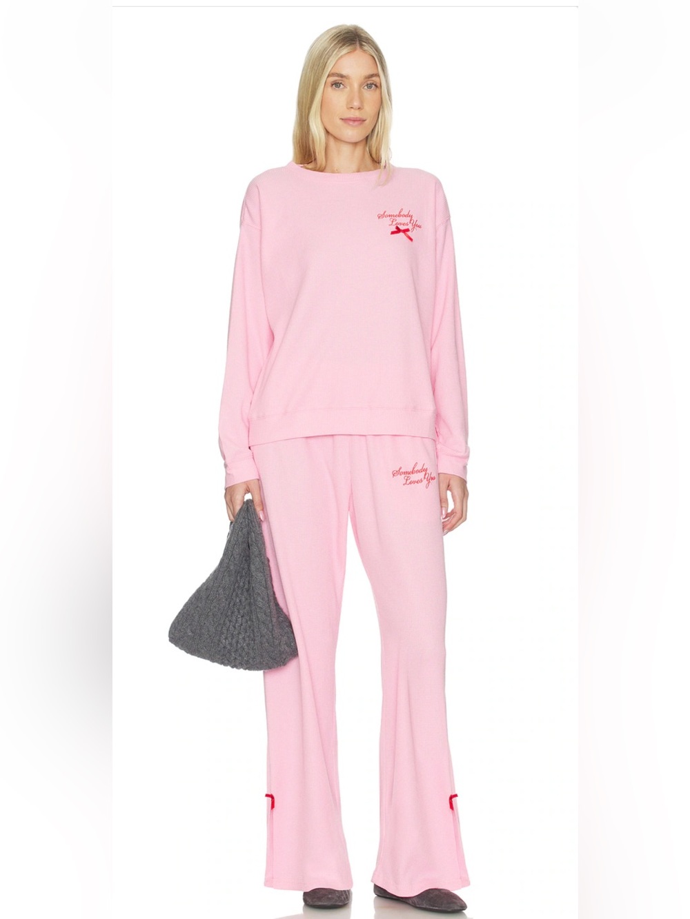 New! Mayfair Somebody loves you wide leg sweatpants and crewneck waffle top set.